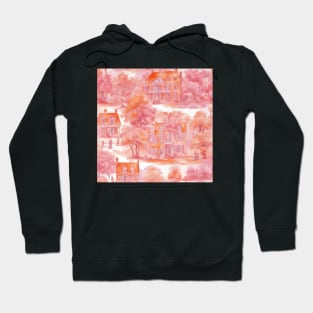 French country mansion watercolor sketch in pink and orange Hoodie